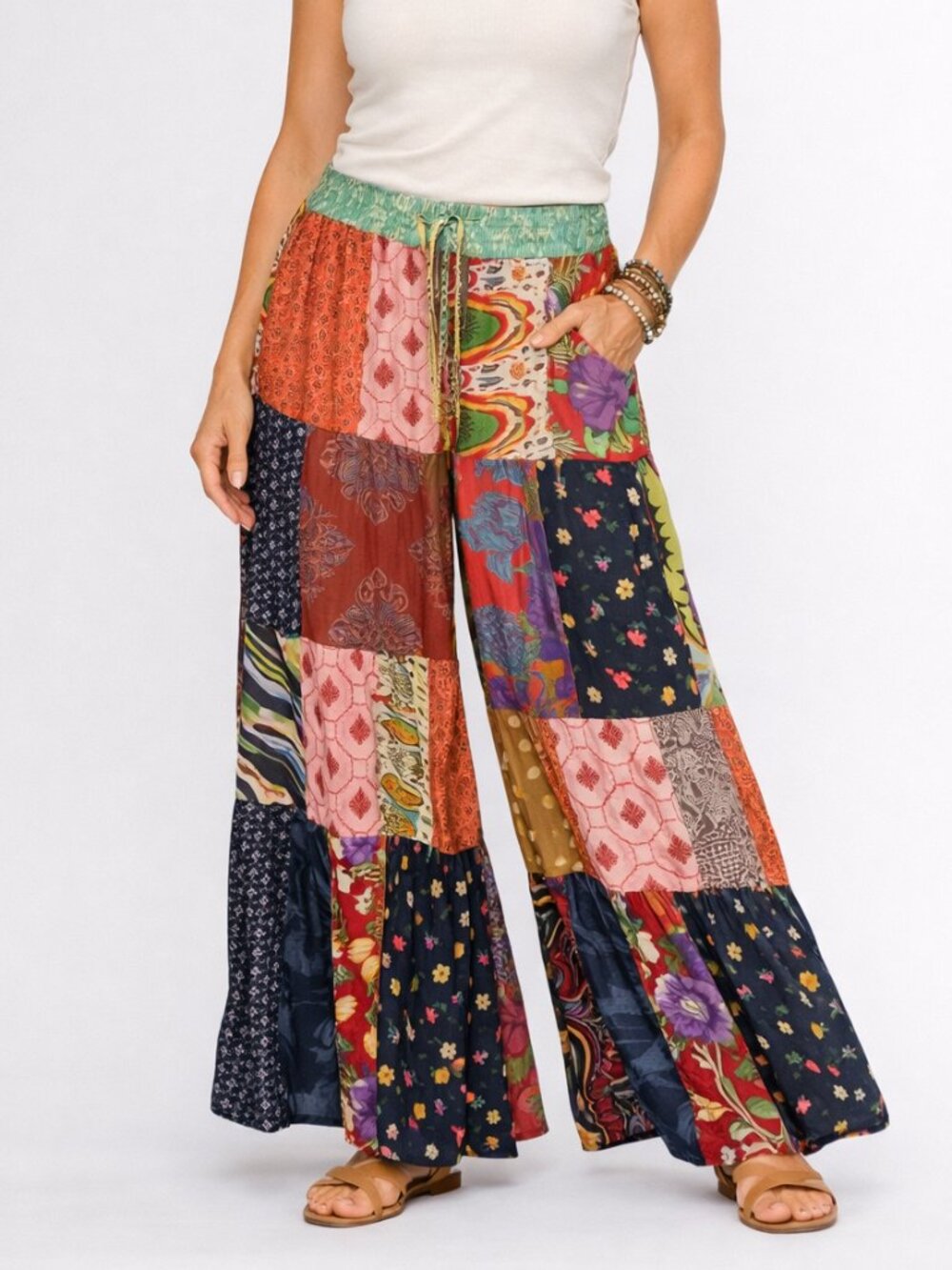 Young Threads Boho Patchwork Wide‑Leg Palazzo Pants XL Drawstring Pockets Flowy - Picture 14 of 14